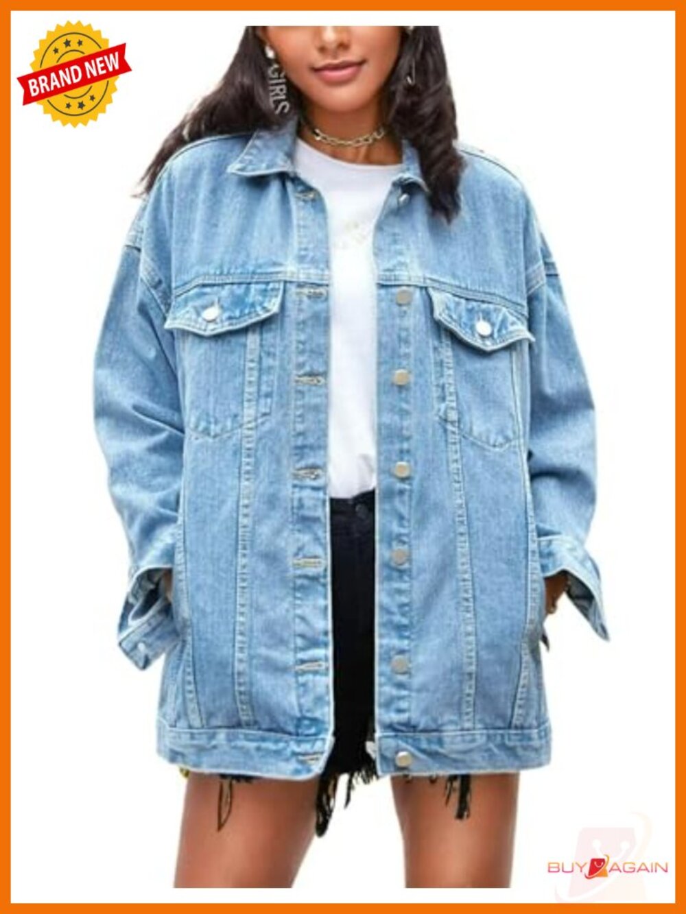 Oversized Denim Jacket Women Loose Fit Jean Coat Long Sleeve Button Up
